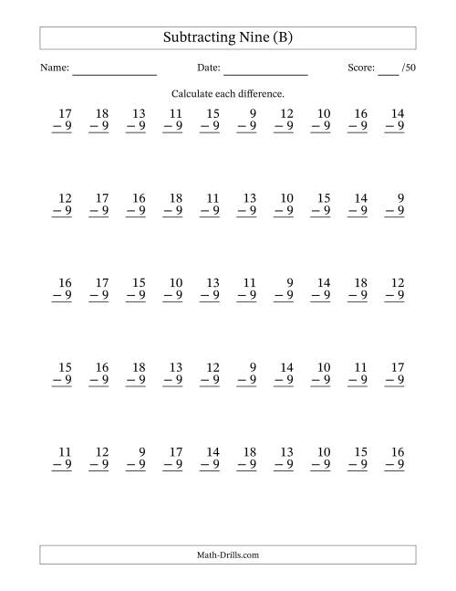 The Subtracting Nine With Differences from 0 to 9 – 50 Questions (B) Math Worksheet