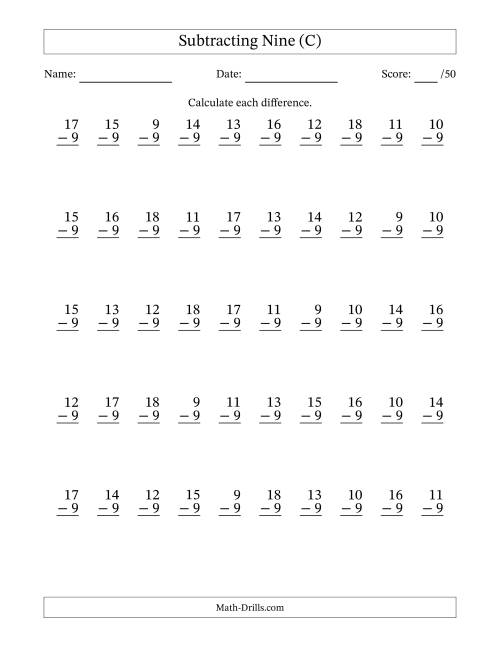 The Subtracting Nine With Differences from 0 to 9 – 50 Questions (C) Math Worksheet