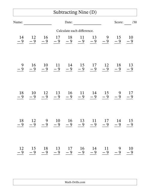 The Subtracting Nine With Differences from 0 to 9 – 50 Questions (D) Math Worksheet