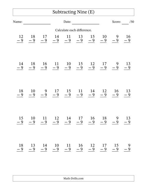 The Subtracting Nine With Differences from 0 to 9 – 50 Questions (E) Math Worksheet