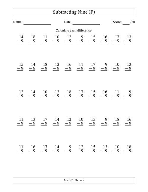 The Subtracting Nine (9) with Differences 0 to 9 (50 Questions) (F) Math Worksheet