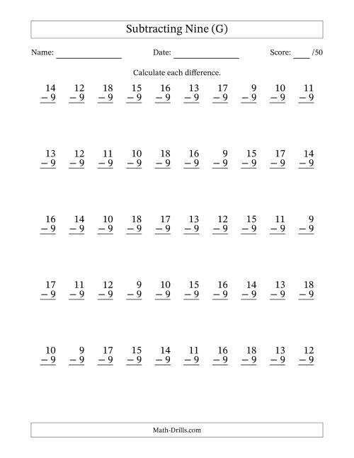 The Subtracting Nine (9) with Differences 0 to 9 (50 Questions) (G) Math Worksheet