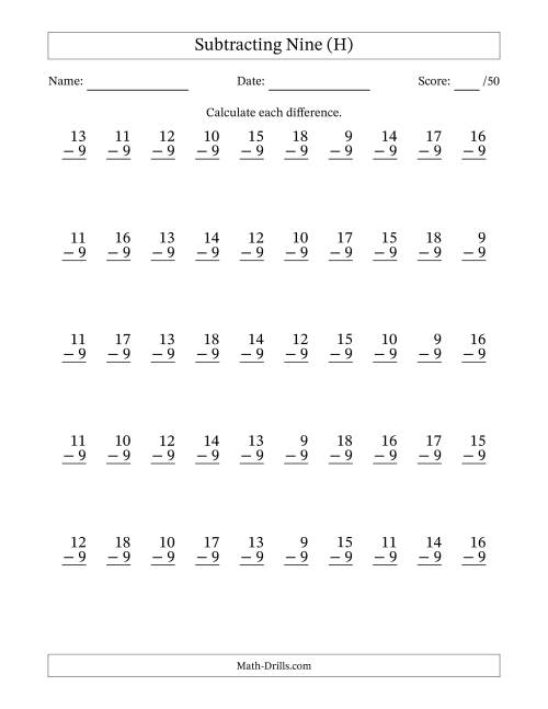 The Subtracting Nine (9) with Differences 0 to 9 (50 Questions) (H) Math Worksheet