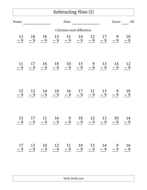 The Subtracting Nine With Differences from 0 to 9 – 50 Questions (I) Math Worksheet