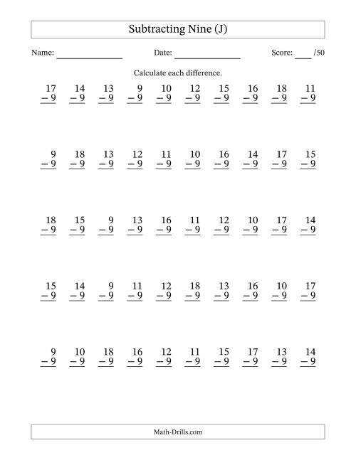 The Subtracting Nine With Differences from 0 to 9 – 50 Questions (J) Math Worksheet