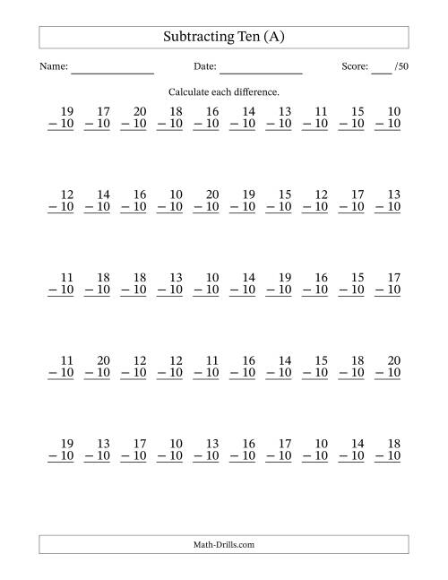 The Subtracting Ten (10) with Differences 0 to 10 (50 Questions) (A) Math Worksheet