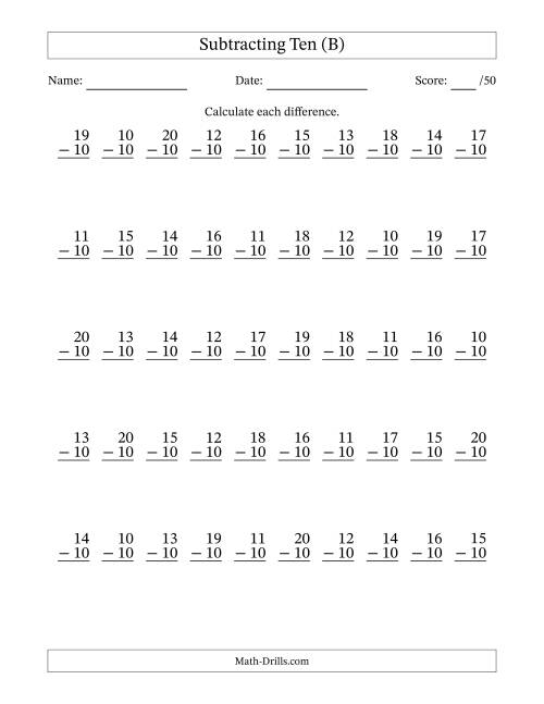 The Subtracting Ten With Differences from 0 to 10 – 50 Questions (B) Math Worksheet