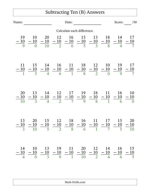 The Subtracting Ten With Differences from 0 to 10 – 50 Questions (B) Math Worksheet Page 2