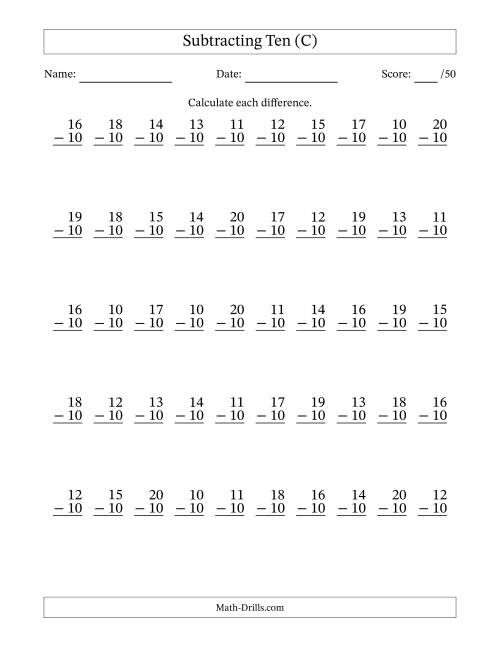 The Subtracting Ten (10) with Differences 0 to 10 (50 Questions) (C) Math Worksheet