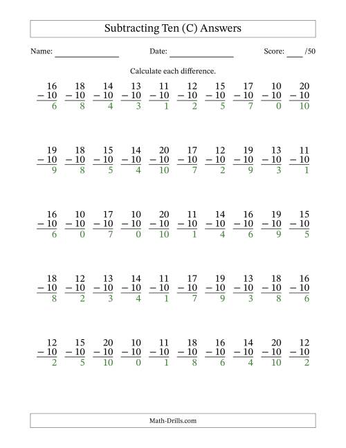 The Subtracting Ten With Differences from 0 to 10 – 50 Questions (C) Math Worksheet Page 2
