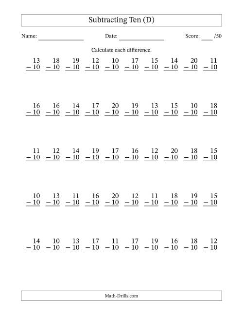 The Subtracting Ten With Differences from 0 to 10 – 50 Questions (D) Math Worksheet