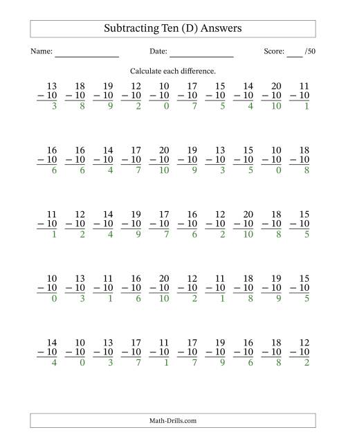 The Subtracting Ten With Differences from 0 to 10 – 50 Questions (D) Math Worksheet Page 2