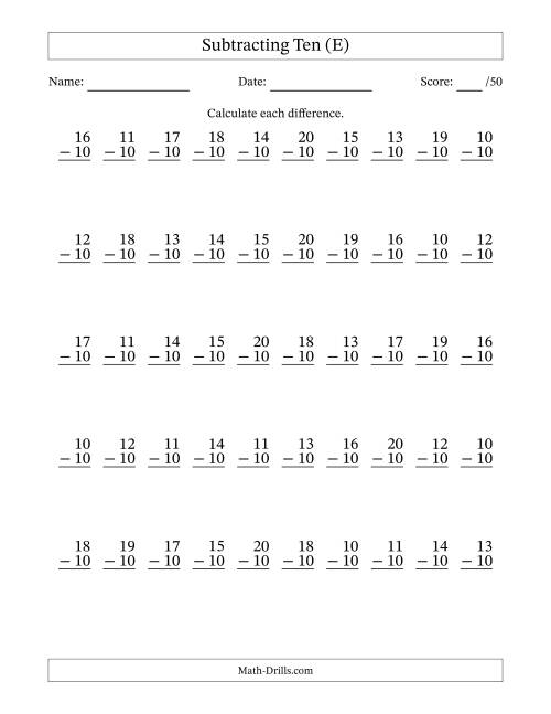 The Subtracting Ten (10) with Differences 0 to 10 (50 Questions) (E) Math Worksheet
