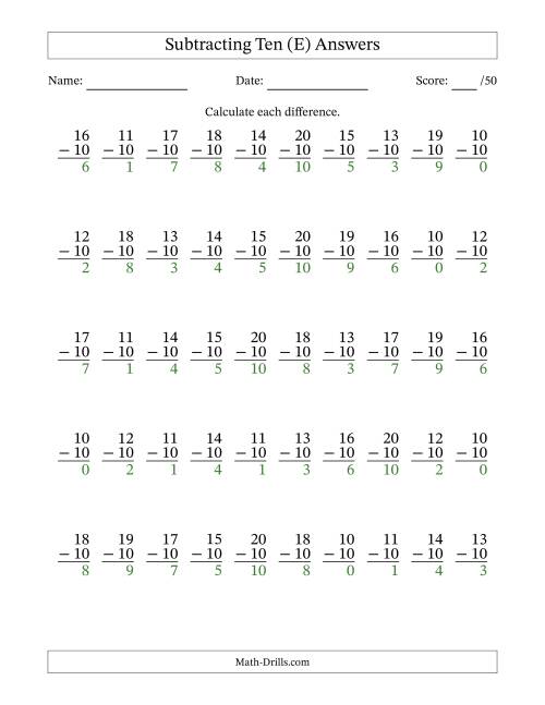 The Subtracting Ten With Differences from 0 to 10 – 50 Questions (E) Math Worksheet Page 2