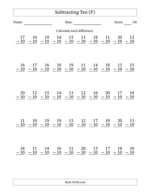 The Subtracting Ten With Differences from 0 to 10 – 50 Questions (F) Math Worksheet