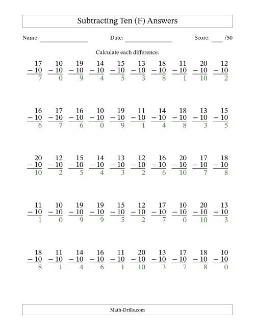 The Subtracting Ten With Differences from 0 to 10 – 50 Questions (F) Math Worksheet Page 2