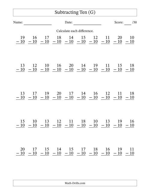 The Subtracting Ten (10) with Differences 0 to 10 (50 Questions) (G) Math Worksheet