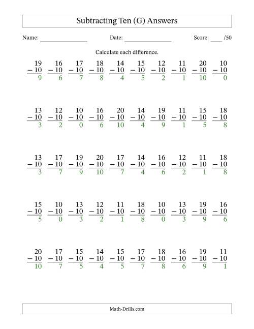 The Subtracting Ten With Differences from 0 to 10 – 50 Questions (G) Math Worksheet Page 2