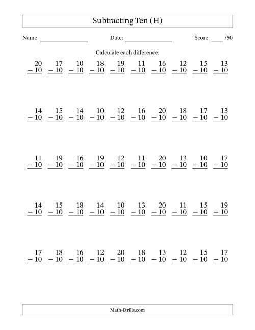 The Subtracting Ten With Differences from 0 to 10 – 50 Questions (H) Math Worksheet