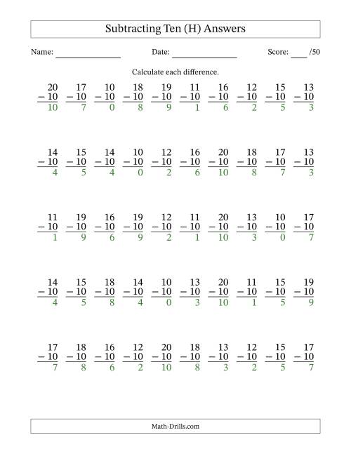 The Subtracting Ten With Differences from 0 to 10 – 50 Questions (H) Math Worksheet Page 2