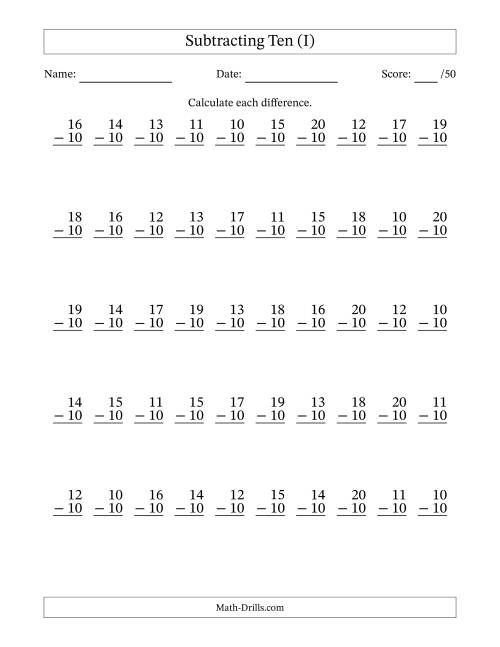 The Subtracting Ten With Differences from 0 to 10 – 50 Questions (I) Math Worksheet