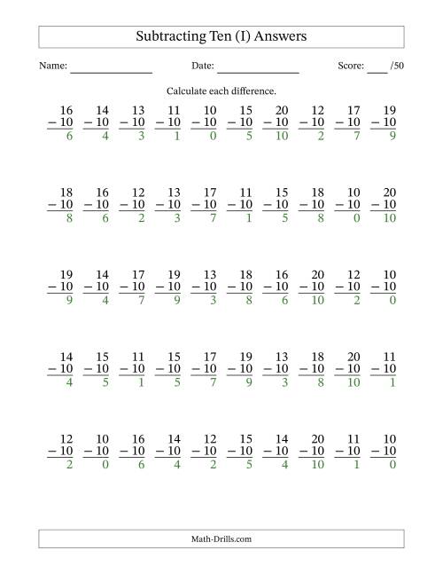 The Subtracting Ten With Differences from 0 to 10 – 50 Questions (I) Math Worksheet Page 2