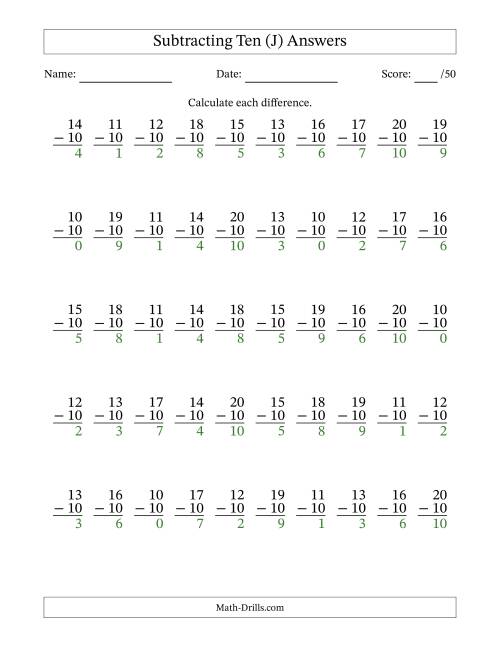 The Subtracting Ten With Differences from 0 to 10 – 50 Questions (J) Math Worksheet Page 2
