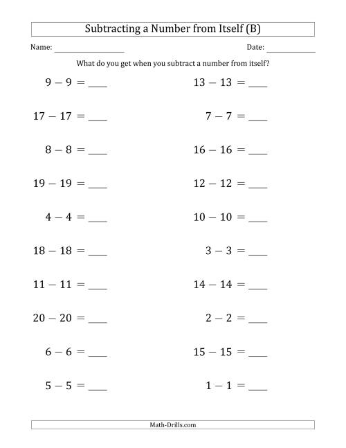 The Subtracting a Number From Itself (Range 1 to 20) (B) Math Worksheet