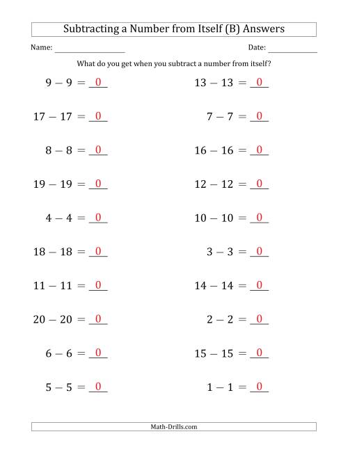 The Subtracting a Number From Itself (Range 1 to 20) (B) Math Worksheet Page 2