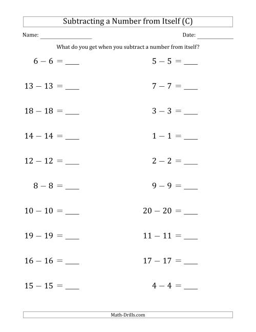The Subtracting a Number From Itself (Range 1 to 20) (C) Math Worksheet