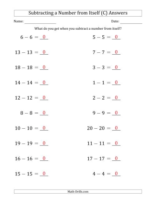 The Subtracting a Number From Itself (Range 1 to 20) (C) Math Worksheet Page 2