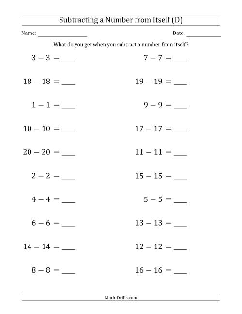 The Subtracting a Number From Itself (Range 1 to 20) (D) Math Worksheet
