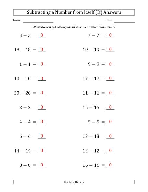 The Subtracting a Number From Itself (Range 1 to 20) (D) Math Worksheet Page 2
