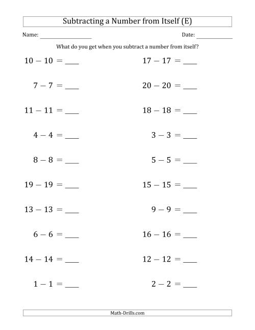 The Subtracting a Number From Itself (Range 1 to 20) (E) Math Worksheet