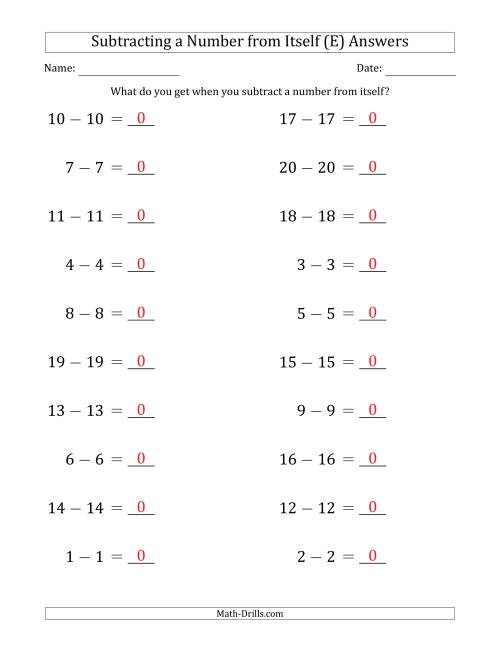 The Subtracting a Number From Itself (Range 1 to 20) (E) Math Worksheet Page 2