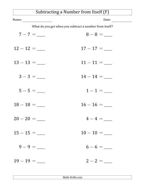 The Subtracting a Number From Itself (Range 1 to 20) (F) Math Worksheet