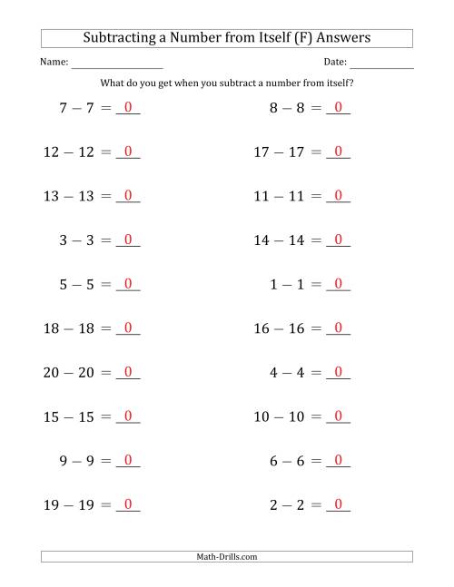 The Subtracting a Number From Itself (Range 1 to 20) (F) Math Worksheet Page 2