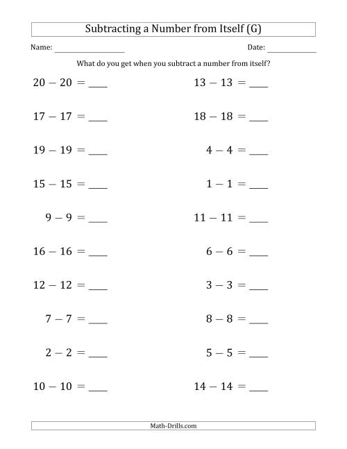The Subtracting a Number From Itself (Range 1 to 20) (G) Math Worksheet