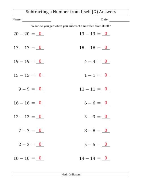 The Subtracting a Number From Itself (Range 1 to 20) (G) Math Worksheet Page 2