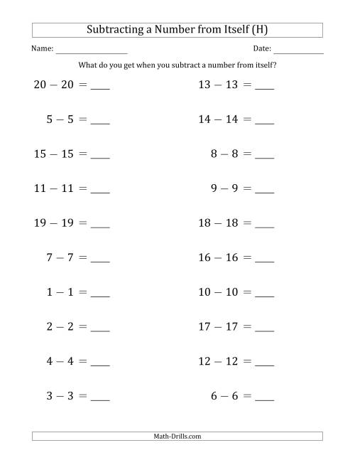 The Subtracting a Number From Itself (Range 1 to 20) (H) Math Worksheet
