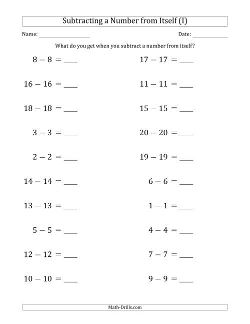 The Subtracting a Number From Itself (Range 1 to 20) (I) Math Worksheet