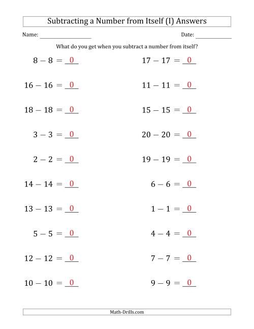 The Subtracting a Number From Itself (Range 1 to 20) (I) Math Worksheet Page 2