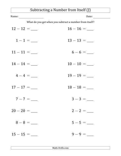 The Subtracting a Number From Itself (Range 1 to 20) (J) Math Worksheet