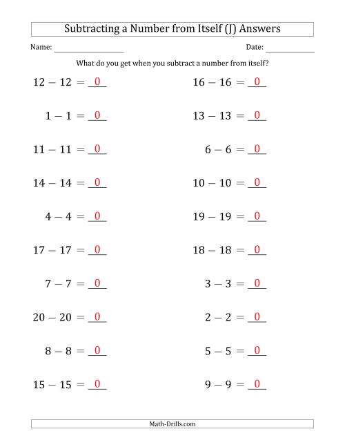 The Subtracting a Number From Itself (Range 1 to 20) (J) Math Worksheet Page 2