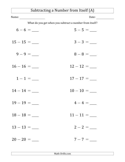The Subtracting a Number From Itself (Range 1 to 20) (All) Math Worksheet