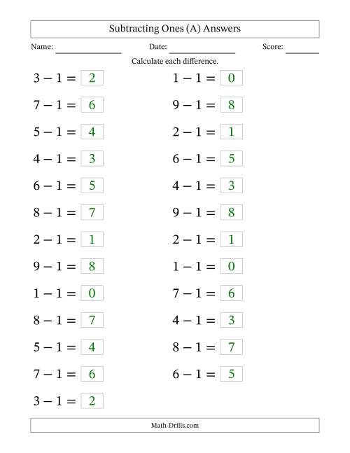The Horizontally Arranged Subtracting Ones from Single-Digit Minuends (25 Questions; Large Print) (A) Math Worksheet Page 2