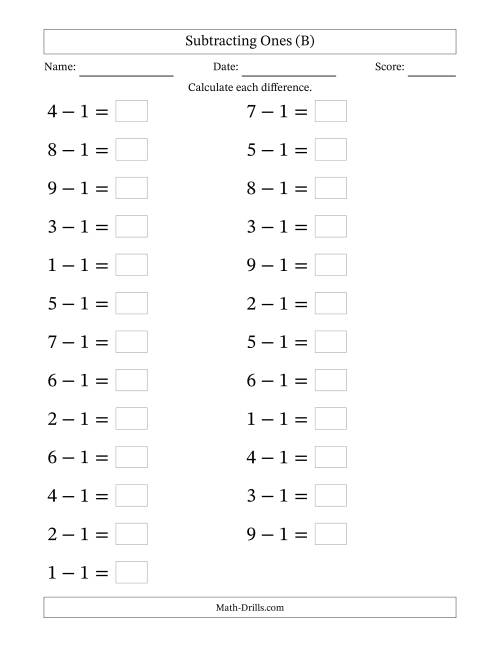 The Horizontally Arranged Subtracting Ones from Single-Digit Minuends (25 Questions; Large Print) (B) Math Worksheet