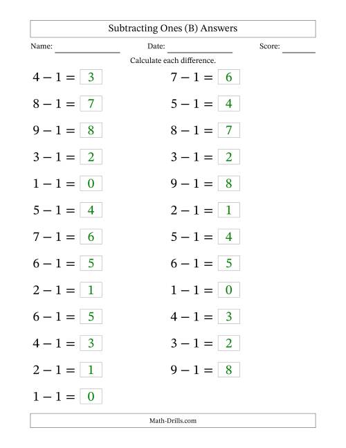 The Horizontally Arranged Subtracting Ones from Single-Digit Minuends (25 Questions; Large Print) (B) Math Worksheet Page 2