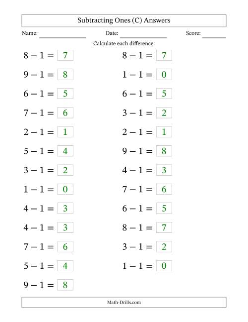 The Horizontally Arranged Subtracting Ones from Single-Digit Minuends (25 Questions; Large Print) (C) Math Worksheet Page 2