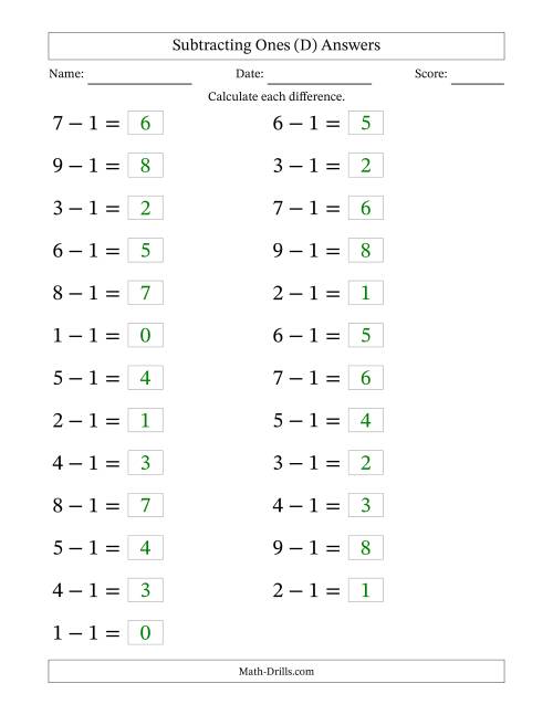 The Horizontally Arranged Subtracting Ones from Single-Digit Minuends (25 Questions; Large Print) (D) Math Worksheet Page 2